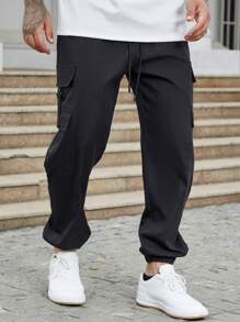 Manfinity Homme 男士側翻蓋口袋腰部抽繩工裝褲 - 黑色 - 查看 4