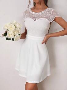 SHEIN Frenchy Contrast Embroidery Mesh Backless A-line Dress - White - View 4