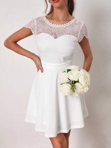 SHEIN Frenchy Contrast Embroidery Mesh Backless A-line Dress - White - View 5