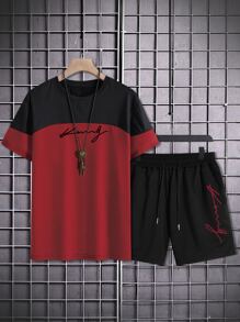 Manfinity Homme Men Letter Graphic Two Tone Tee & Drawstring Waist Shorts - Multicolor - View 1