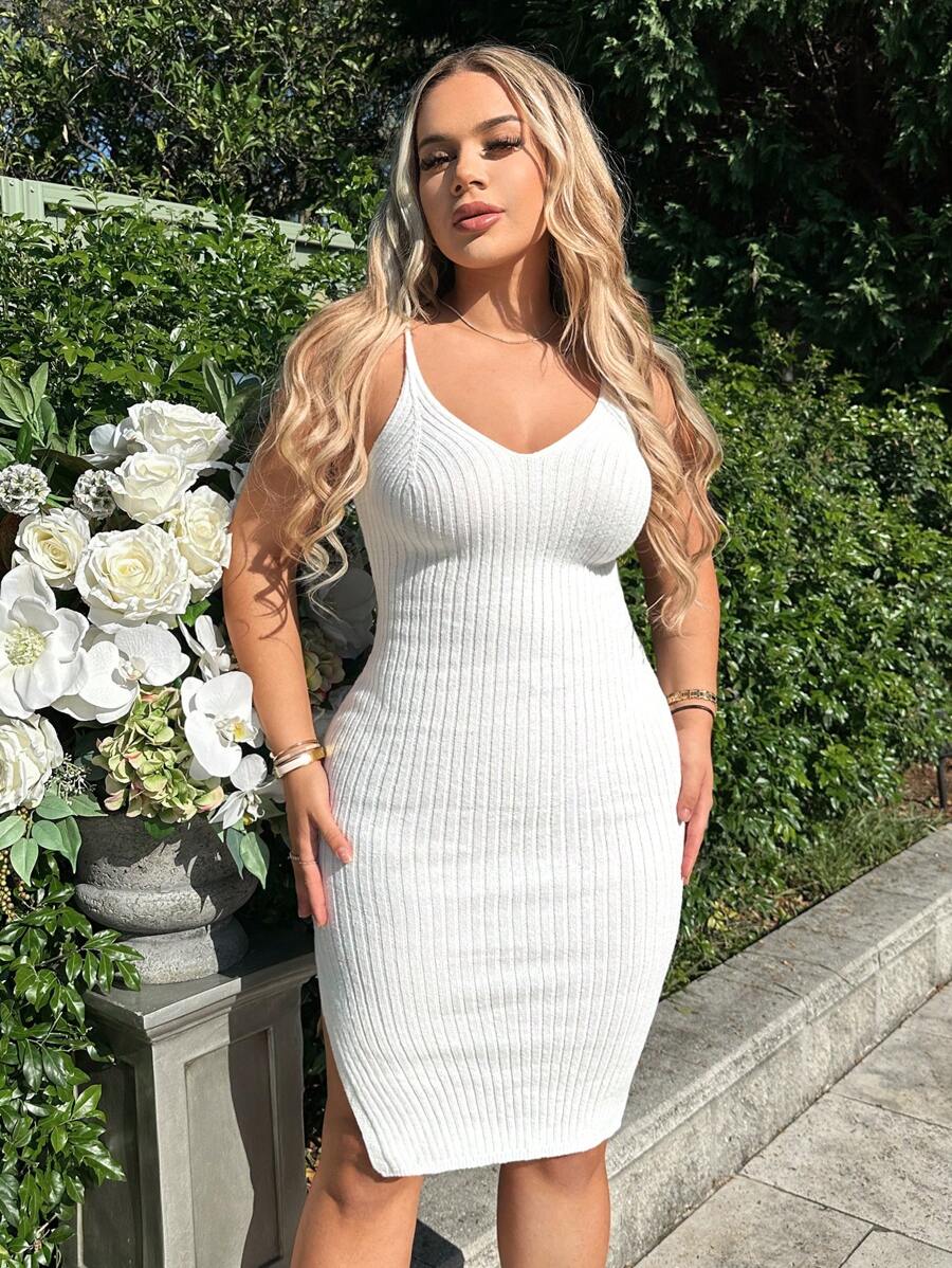 SHEIN SXY 高衩吊帶毛衣洋裝 - 白色 - 查看 1