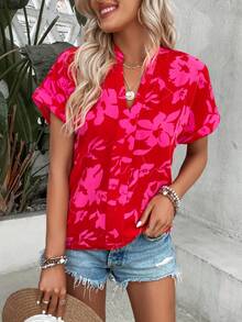 SHEIN VCAY 印花蝙蝠袖襯衫 - 紅色 - 查看 4