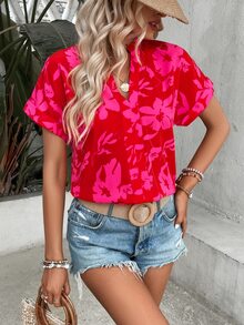 SHEIN VCAY 印花蝙蝠袖襯衫 - 紅色 - 查看 5