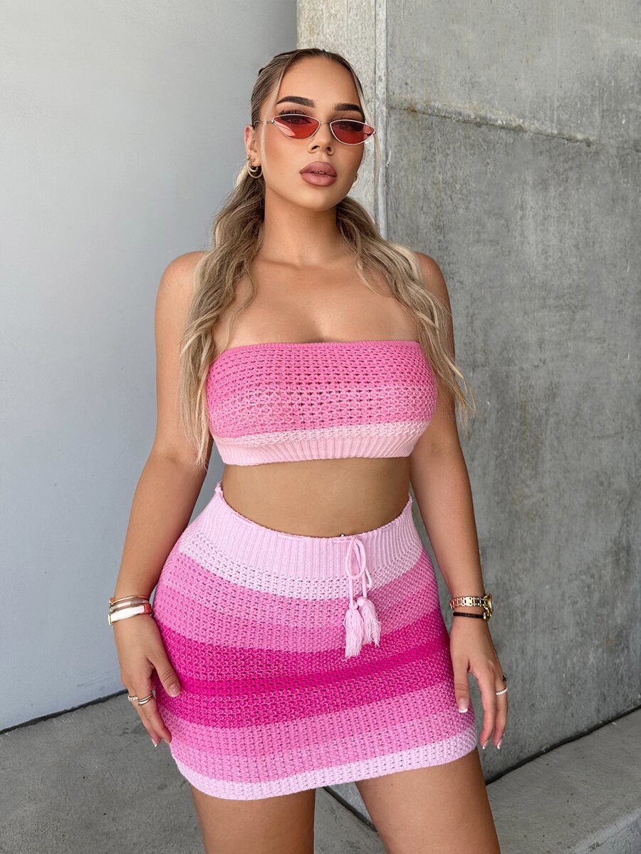 SHEIN SXY 撞色抹胸針織上衣和針織短裙 - 粉色 - 查看 1