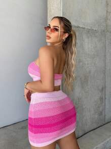 SHEIN SXY 撞色抹胸針織上衣和針織短裙 - 粉色 - 查看 2