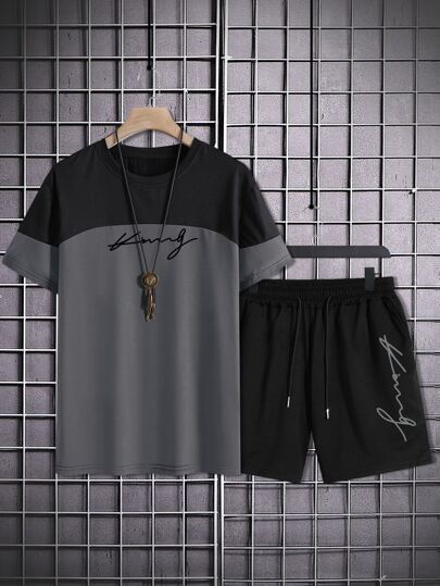 Männer Buchstaben Grafik, T-Shirt mit & Tunnelzug, Shorts mit