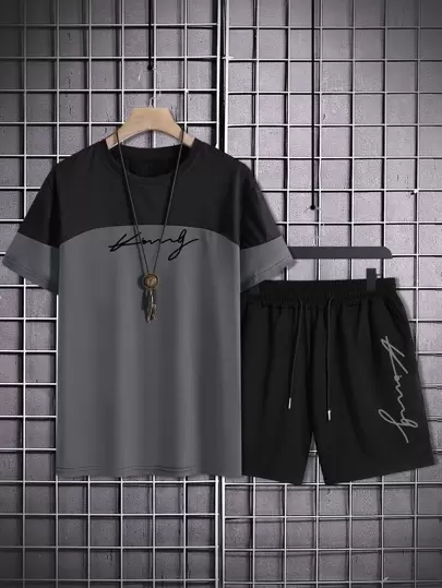 Manfinity Homme 男士字母圖案雙色T恤和腰部抽繩短褲