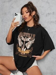 INAWLY 翅膀和字母圖案落肩T恤 - 黑色 - 查看 1