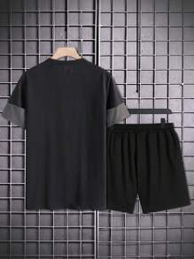 Manfinity Homme 男士字母圖案雙色T恤和腰部抽繩短褲 - 彩色 - 查看 2