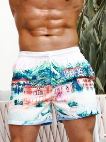 Manfinity Men Cartoon Graphic Drawstring Waist Swim Trunks - Multicolor - View 4