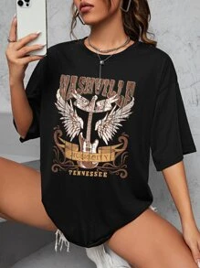 INAWLY 翅膀和字母圖案落肩T恤 - 黑色 - 查看 3