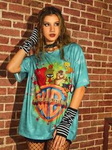 WB 100th | ROMWE Tie Dye Cartoon Graphic Tee - Green - View 1