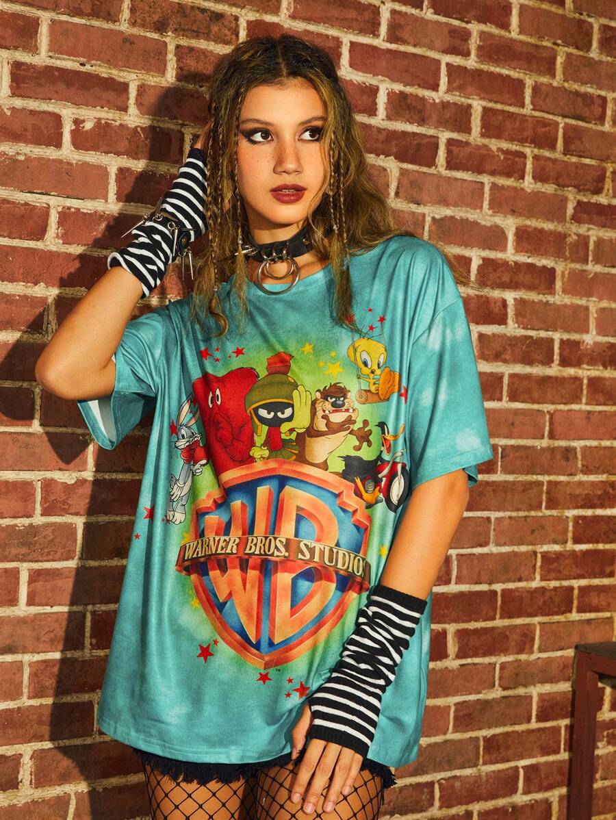 WB 100th | ROMWE Tie Dye Cartoon Graphic Tee - Green - View 1