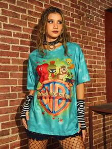 WB 100th | ROMWE Tie Dye Cartoon Graphic Tee - Green - View 3