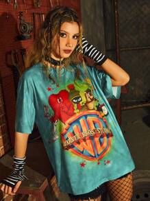 WB 100th | ROMWE Tie Dye Cartoon Graphic Tee - Green - View 5