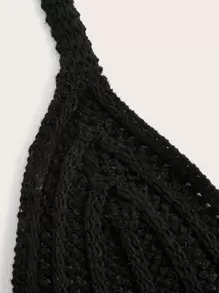 ROMWE Summer Crochet Beach Holiday Solid Knit Lace Up Halter Top - Black - View 4