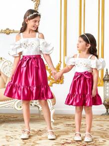 SHEIN Bé gái 1 Áo trễ vai thêu hoa & 1 Váy xếp nếp viền ren - Nhiều màu - Xem 7