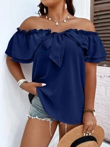 SHEIN LUNE 大碼一字肩前打結褶邊襯衫 - 藏蓝色 - 查看 3