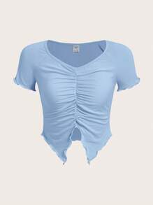 SHEIN Tops con gái Bất đối xứng Xù nhỏ Xù màu trơn Giải trí - Màu xanh nhạt - Xem 1