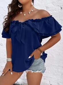 SHEIN LUNE 大碼一字肩前打結褶邊襯衫 - 藏蓝色 - 查看 4