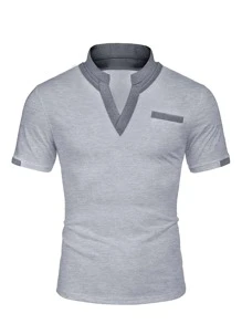 Áo thun có cổ Nam Túi Khối Màu Giải trí - Xám - Xem 1
