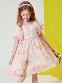 Mädchen Kleid mit Blume Muster, Puffärmeln - Verschiedenfarbig - Übersicht 1