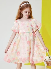 Mädchen Kleid mit Blume Muster, Puffärmeln - Verschiedenfarbig - Übersicht 3