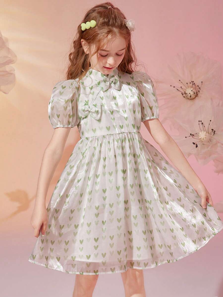 Chicas Vestido con estampado de corazón con lazo delantero de manga farol - Blanco - Ver 1