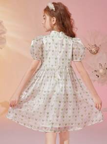 Chicas Vestido con estampado de corazón con lazo delantero de manga farol - Blanco - Ver 2