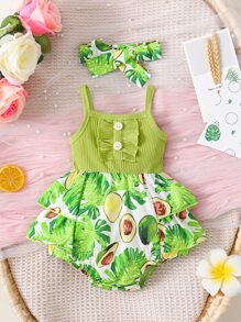SHEIN Body Sin Mangas Con Adornos Y Estampado De Frutas Para Bebé Niña Y Diadema A Juego - Multicolor - Ver 1