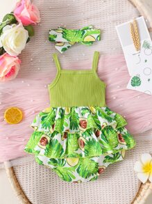 SHEIN Body Sin Mangas Con Adornos Y Estampado De Frutas Para Bebé Niña Y Diadema A Juego - Multicolor - Ver 2