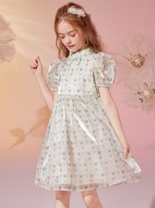 Chicas Vestido con estampado de corazón con lazo delantero de manga farol - Blanco - Ver 3