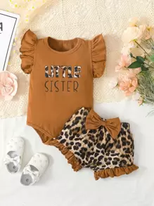 嬰兒字母圖案荷葉邊連體衣和豹紋印花前蝴蝶結短褲 - 彩色 - 查看 1