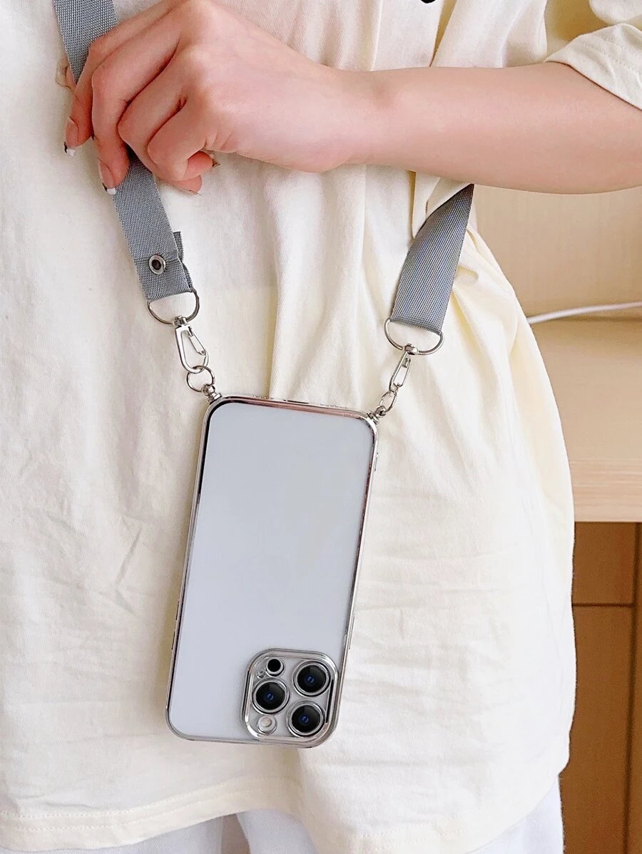 Clear Electroplated Phone Case With Lanyard - Silver - View 1