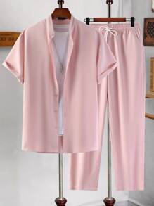 Manfinity Homme Men Solid Button Front Shirt & Drawstring Waist Pants Without Tee - Baby Pink - View 1