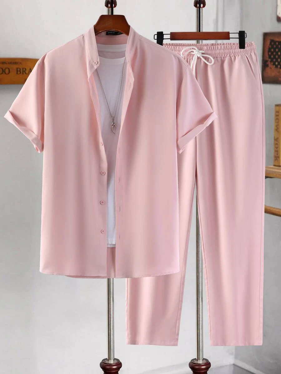 Manfinity Homme Men Solid Button Front Shirt & Drawstring Waist Pants Without Tee - Baby Pink - View 1