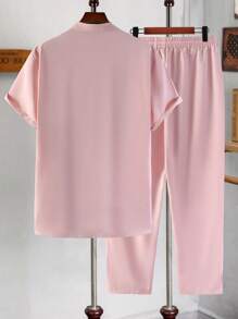 Manfinity Homme Men Solid Button Front Shirt & Drawstring Waist Pants Without Tee - Baby Pink - View 2