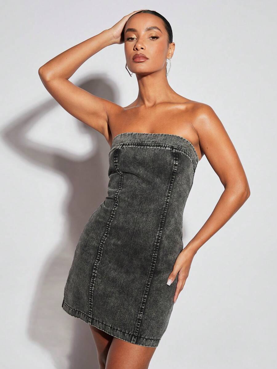 SHEIN BAE Solid Zipper Back Tube Denim Dress - Dark Grey - View 1