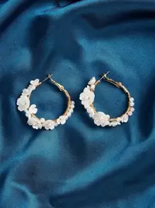 Flower & Faux Pearl Decor Hoop Earrings Valentines - White - View 4