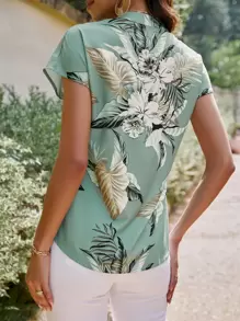 SHEIN Clasi Blusa con estampado floral de cuello de muesca de manga murciélago - verde menta - Ver 2
