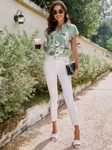 SHEIN Clasi Blusa con estampado floral de cuello de muesca de manga murciélago - verde menta - Ver 4