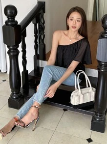 DAZY One Shoulder Ruffle Trim One Shoulder Blouse Carnival - Black - View 13