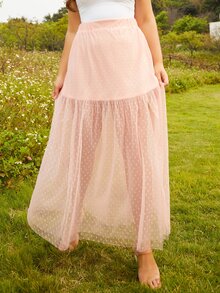 S BETRO Váy Plus Size Viên lá sen Tách cao màu trơn Boho - Màu Hồng baby - Xem 2