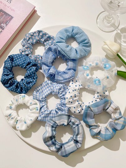 10个装女士格子和花卉图案发圈，休闲发绳，可作发圈、发圈、发饰，可作礼物或马尾辫发饰