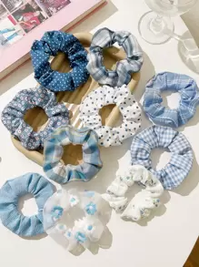 10个装女士格子和花卉图案发圈，休闲发绳，可作发圈、发圈、发饰，可作礼物或马尾辫发饰