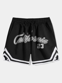 ROMWE MEN Prep Men Letter Graphic Striped Trim Basketball Shorts