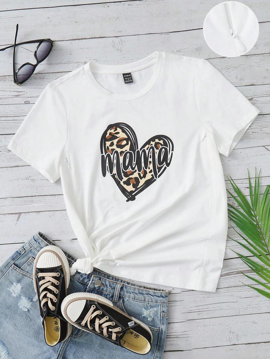 SHEIN 孕婦1入組字母和心形圖案T恤 - 白色 - 查看 1