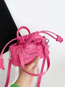 ROMWE Kawaii Mini Bucket Bag Crocodile Embossed Drawstring Design Neon Pink Pink - Pink - View 2
