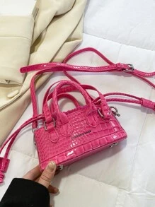 ROMWE Kawaii Mini Bucket Bag Crocodile Embossed Drawstring Design Neon Pink Pink - Pink - View 5
