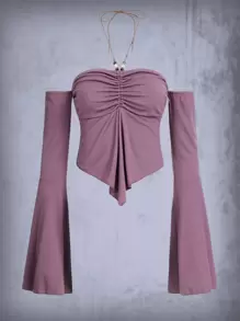 ROMWE Goth Áo nữ Bất đối xứng Xù màu trơn Giải trí - Màu tím - Xem 1